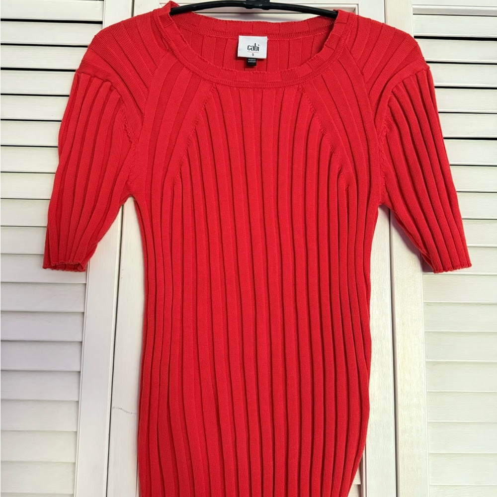 CAbi Red Crew Neck Sweater with Ribbed Knit Design